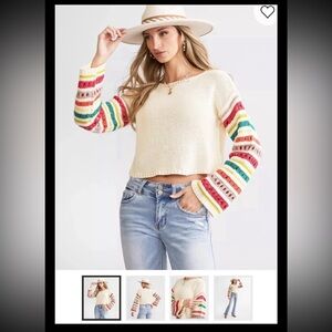 Cropped Cream Cottagecore Sweater w/Multicolor Stripe Sleeves